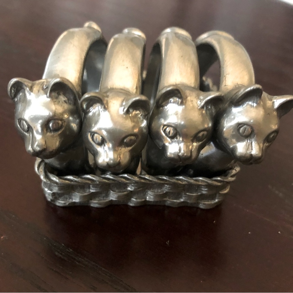 Pewter Kitten Napkin Rings in a Basket